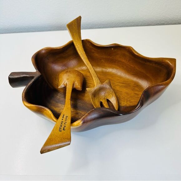Monkey POD Leaf Bowl With Serving Forks Set Of 3 Made In Hawaii - Picture 1 of 5
